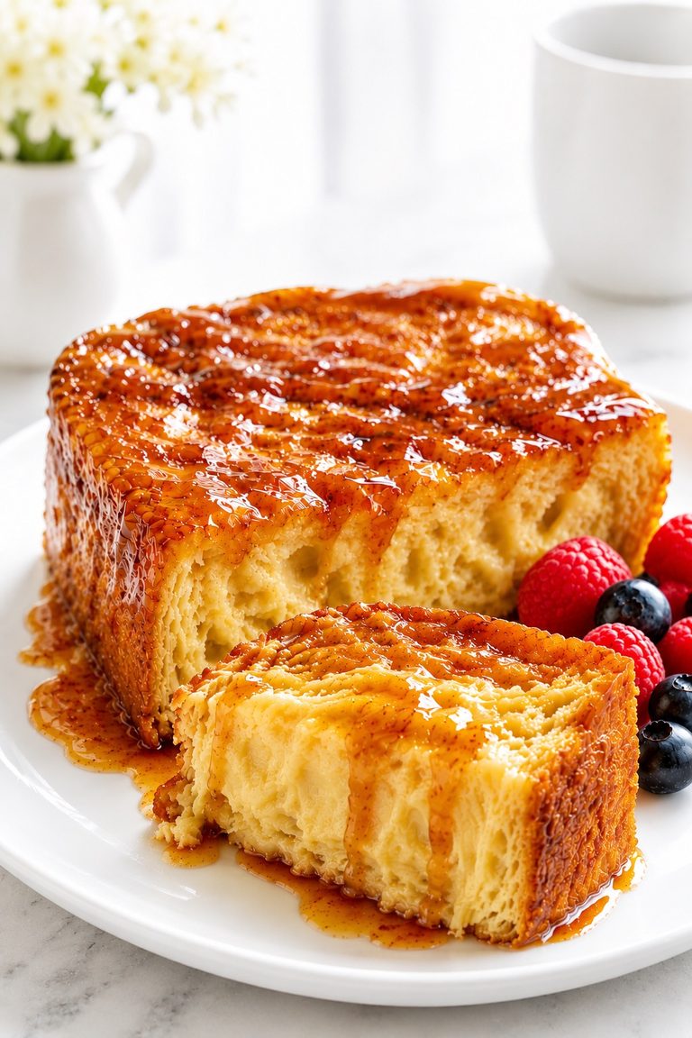 Thick crème brûlée French toast with glossy amber caramel and a cut piece showing the set custardy brioche interior, served with berries