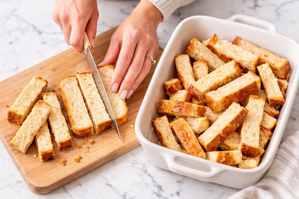 Cutting brioche bread into sticks for French toast sticks recipe