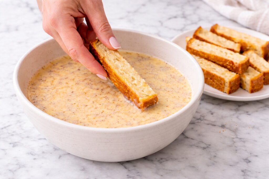 Dipping brioche bread sticks into cinnamon vanilla custard for French toast sticks