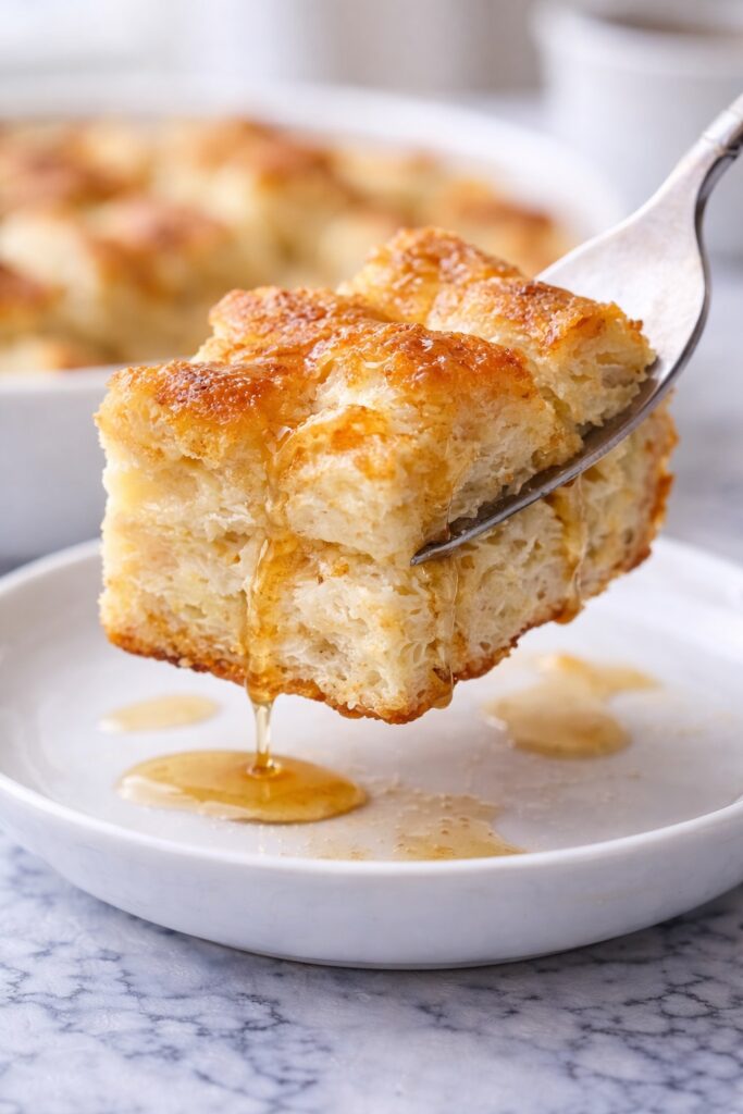 close-up of soft custardy french toast casserole with golden crispy top