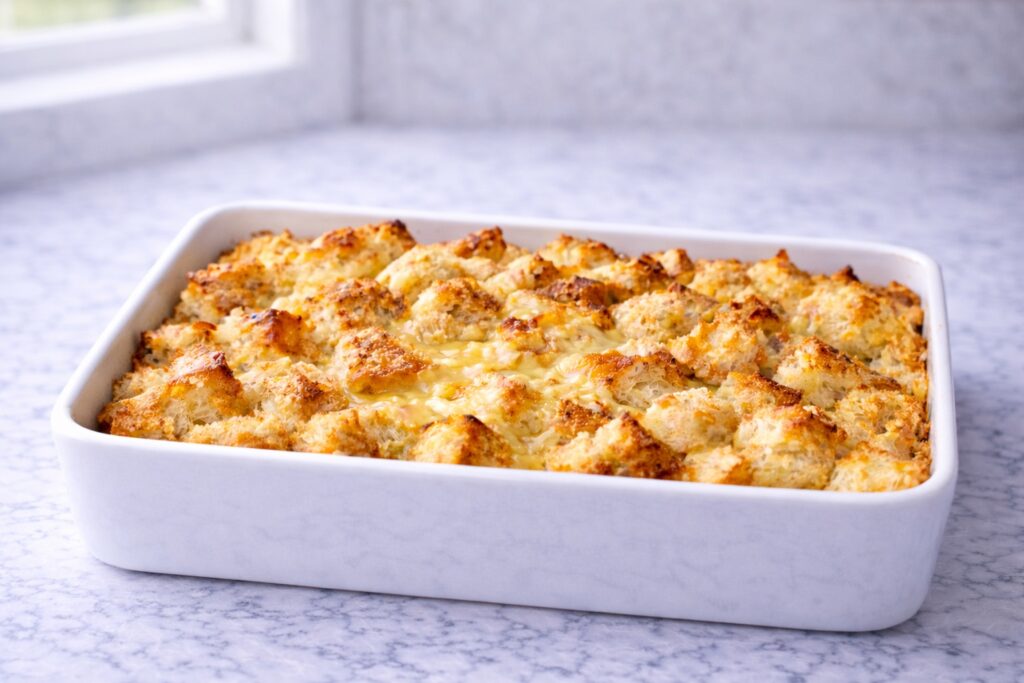 easy french toast casserole baked until golden with soft custardy interior