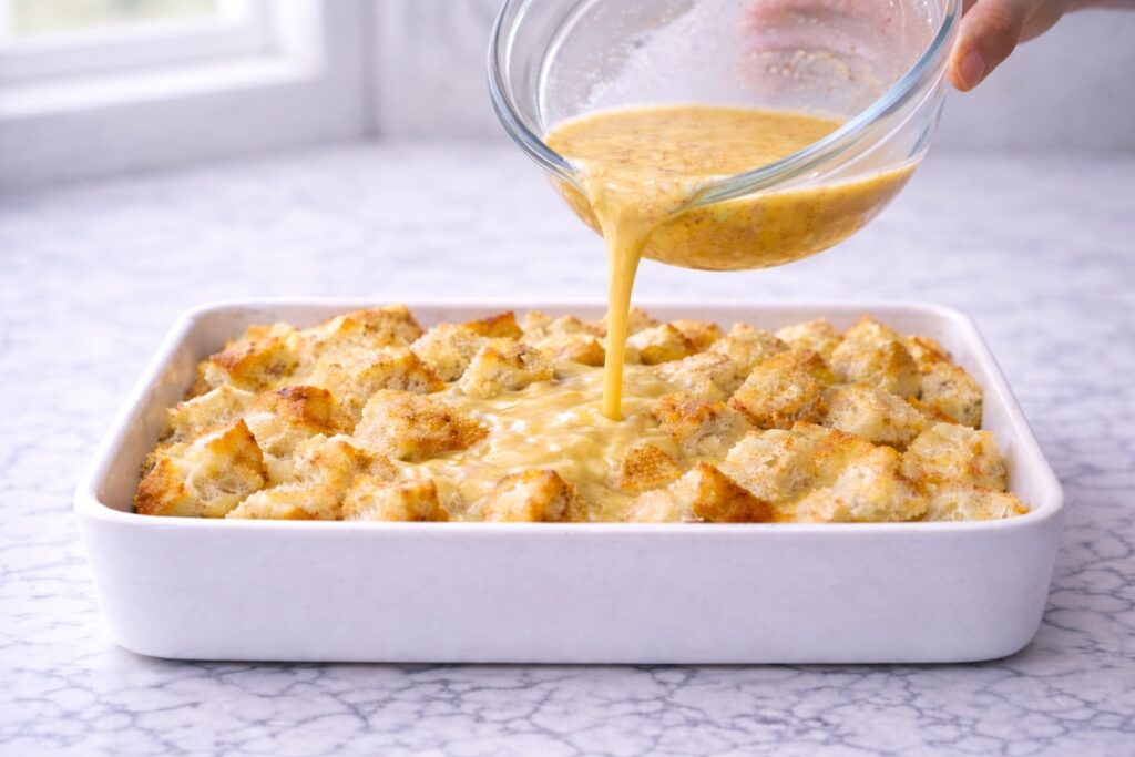 pouring custard mixture over bread cubes to make french toast casserole