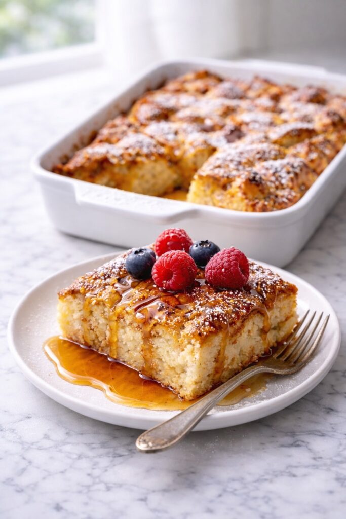 fresh baked french toast casserole in a white baking dish with golden crisp top