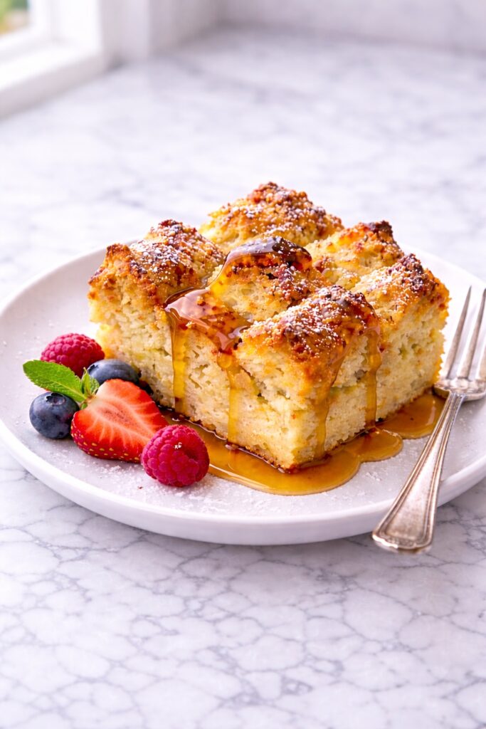 slice of french toast casserole served warm with golden top and soft custardy center
