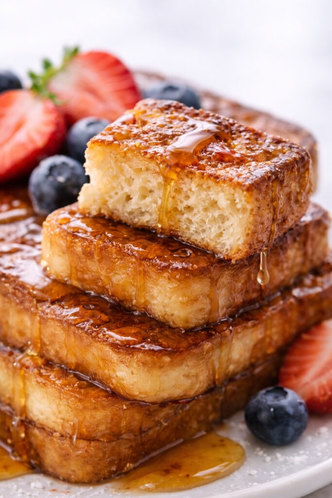 close up of soft custardy french toast crumb texture