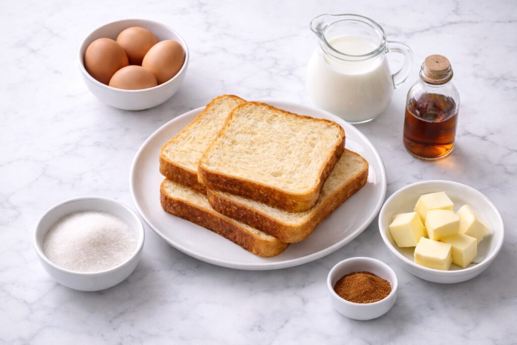 ingredients for french toast including eggs milk bread sugar vanilla and cinnamon