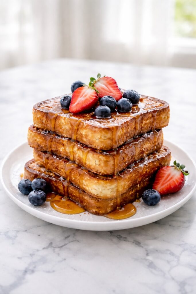 golden french toast slices with maple syrup and fresh berries