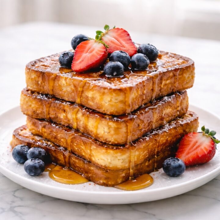 Classic French toast with golden edges and soft custardy centers served warm