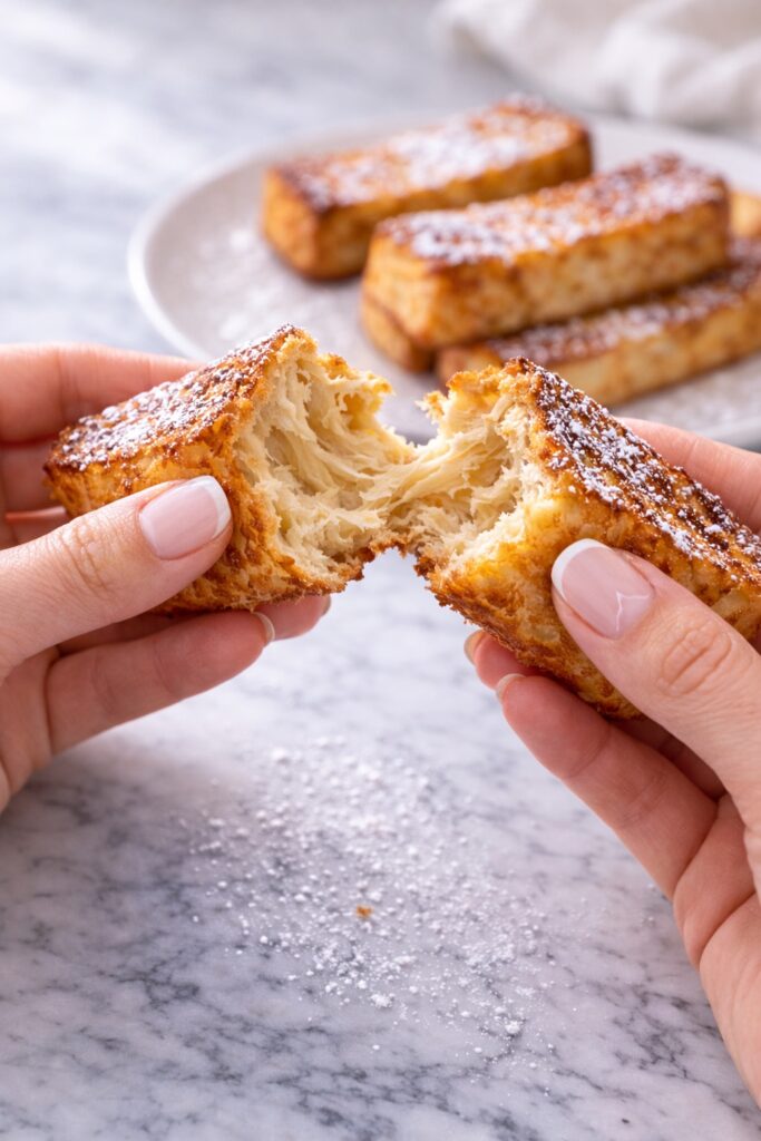 French toast sticks pulled apart showing soft custardy inside and golden crispy crust