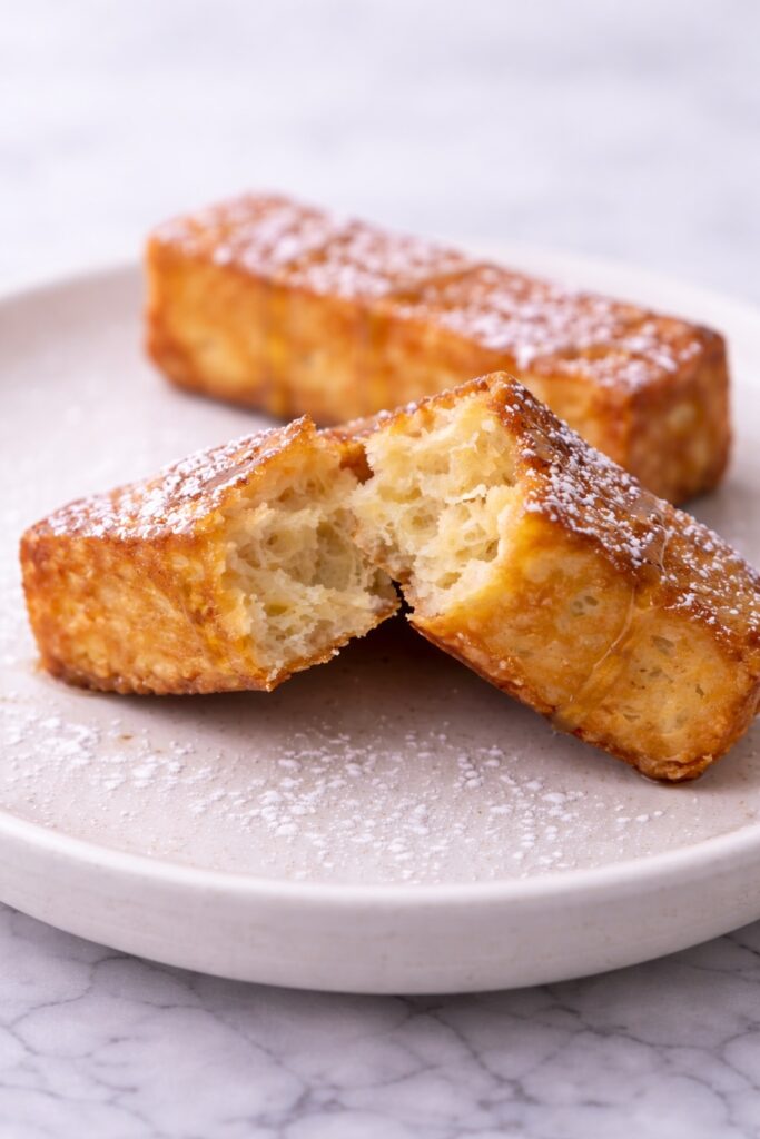 Close-up of French toast sticks showing soft custardy interior and golden crisp edges