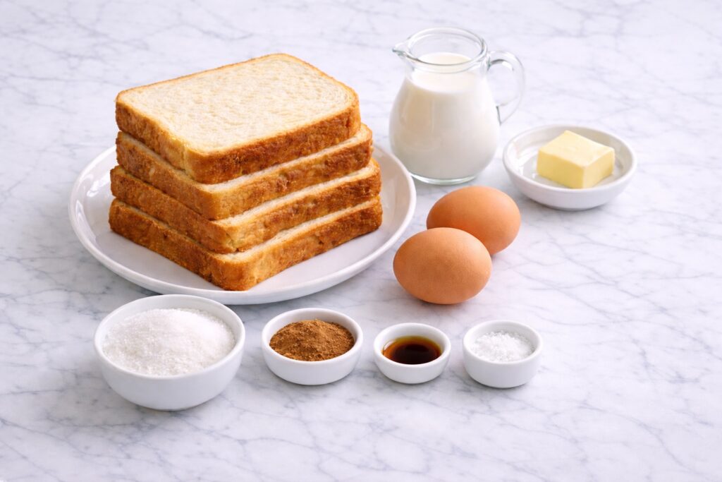 Ingredients for French toast sticks including brioche bread, eggs, milk, butter, sugar, cinnamon, vanilla extract, and salt