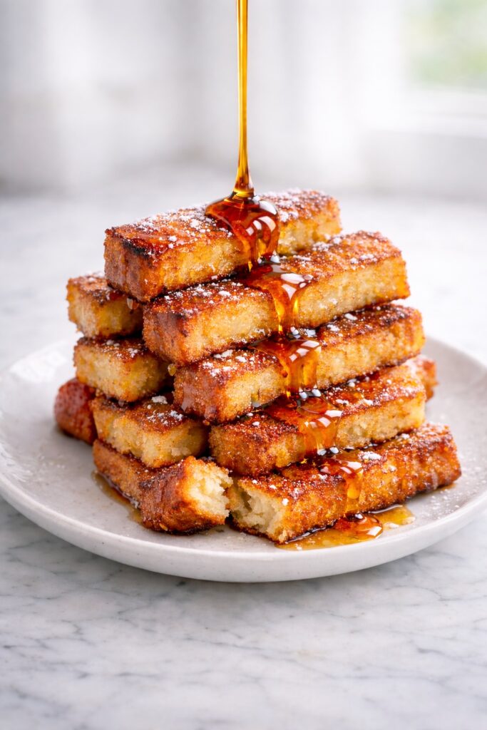 French toast sticks stacked on a white plate with golden crispy edges and maple syrup