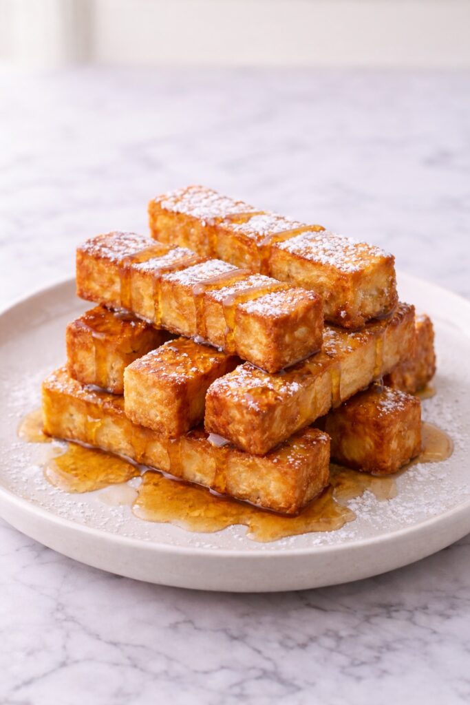 French toast sticks served with maple syrup and powdered sugar on a white plate
