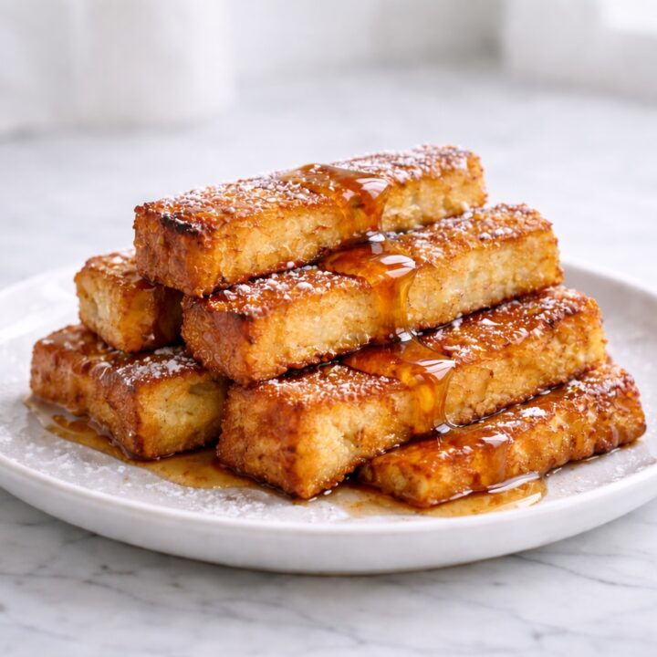 French toast sticks recipe with golden crispy edges and maple syrup