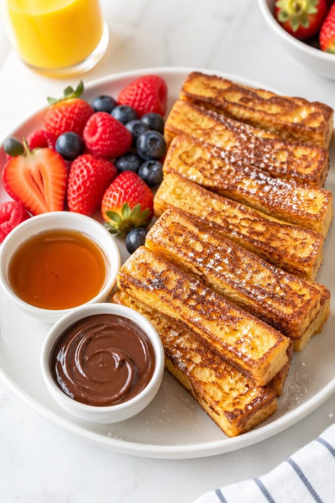 French Toast Sticks with Dipping Sauce and Berries french toast sticks served with maple syrup, chocolate dip, and fresh berries, crispy outside and soft inside