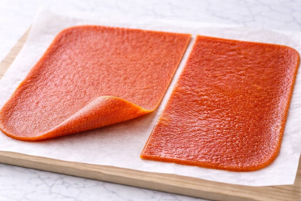 Fruit Roll Ups Doneness Guide (Visual Comparison) visual guide showing properly dried fruit leather versus slightly under dried fruit roll ups