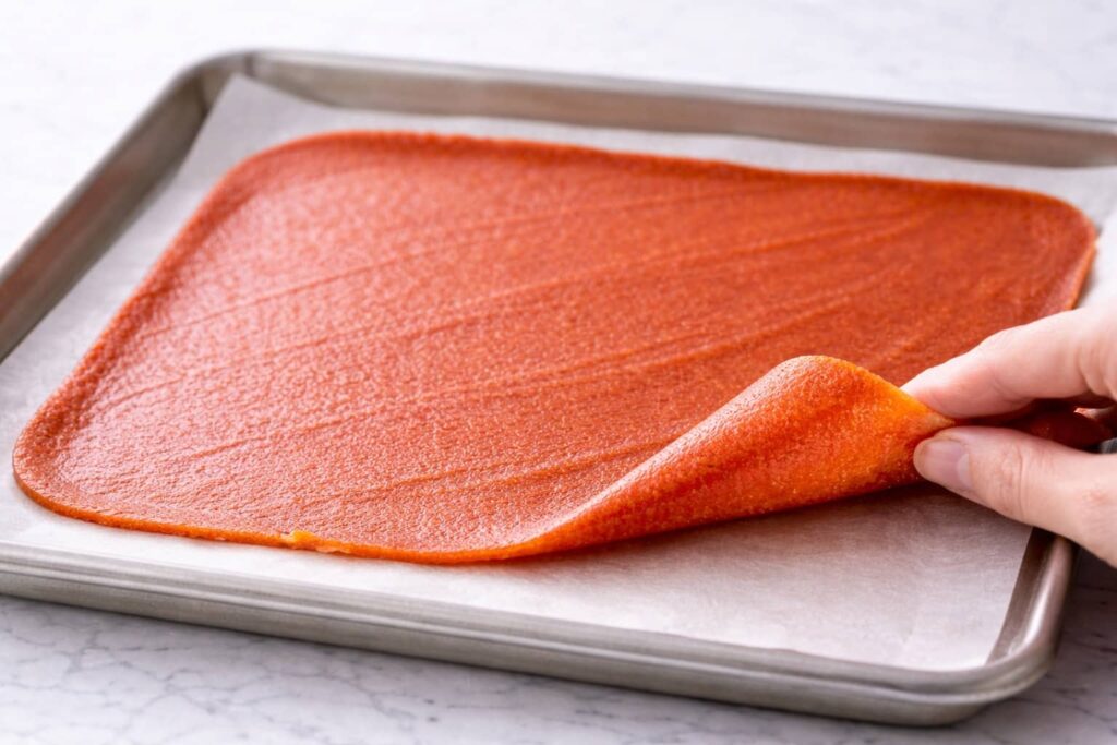 Fruit Roll Ups Doneness (How to Know When It’s Ready) fruit leather dried and ready showing matte surface and flexible texture