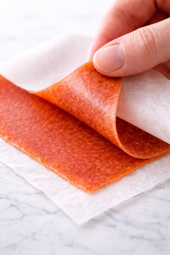 Fruit Roll Ups Texture (Homemade Fruit Leather) peeling homemade fruit leather showing soft flexible fruit roll ups texture