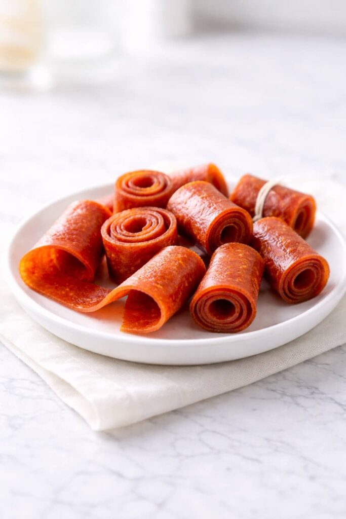Homemade Fruit Roll Ups Serving Idea homemade fruit roll ups served on plate with soft chewy fruit leather texture