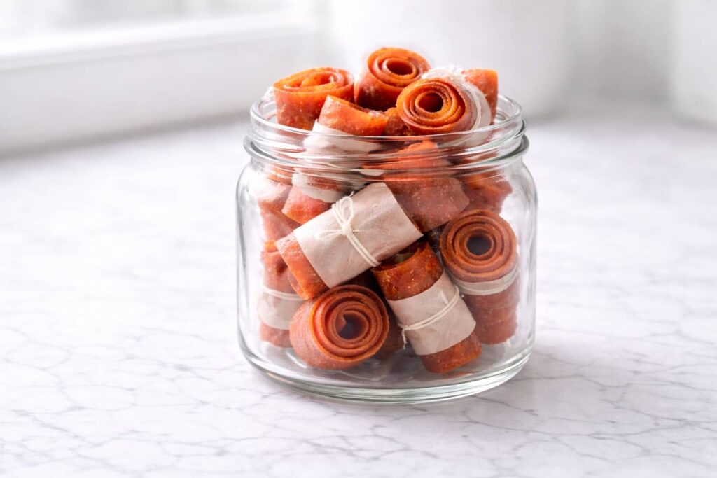 How to Store Fruit Roll Ups (Homemade Fruit Leather) homemade fruit roll ups stored in glass jar with parchment wrapped fruit leather rolls