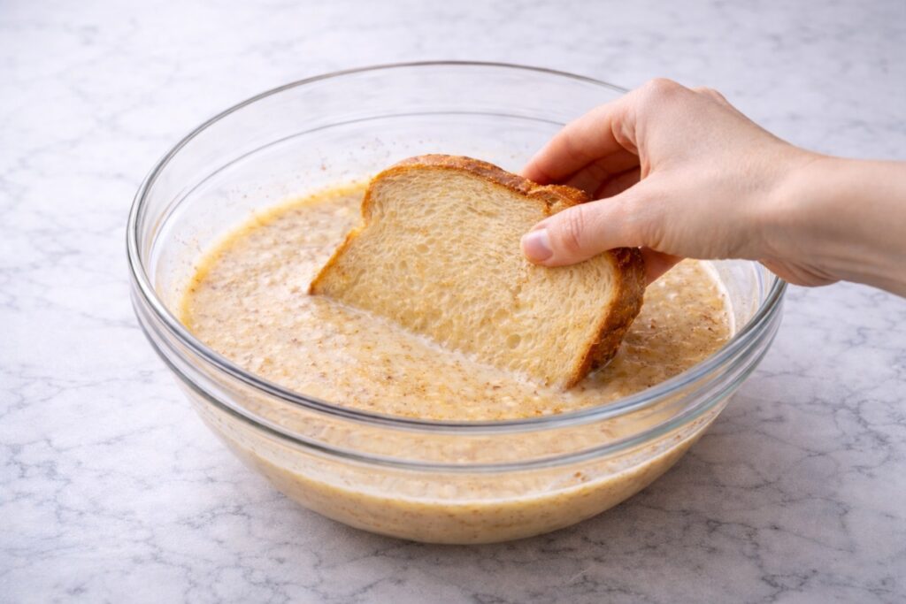 dipping brioche bread slices into french toast custard mixture