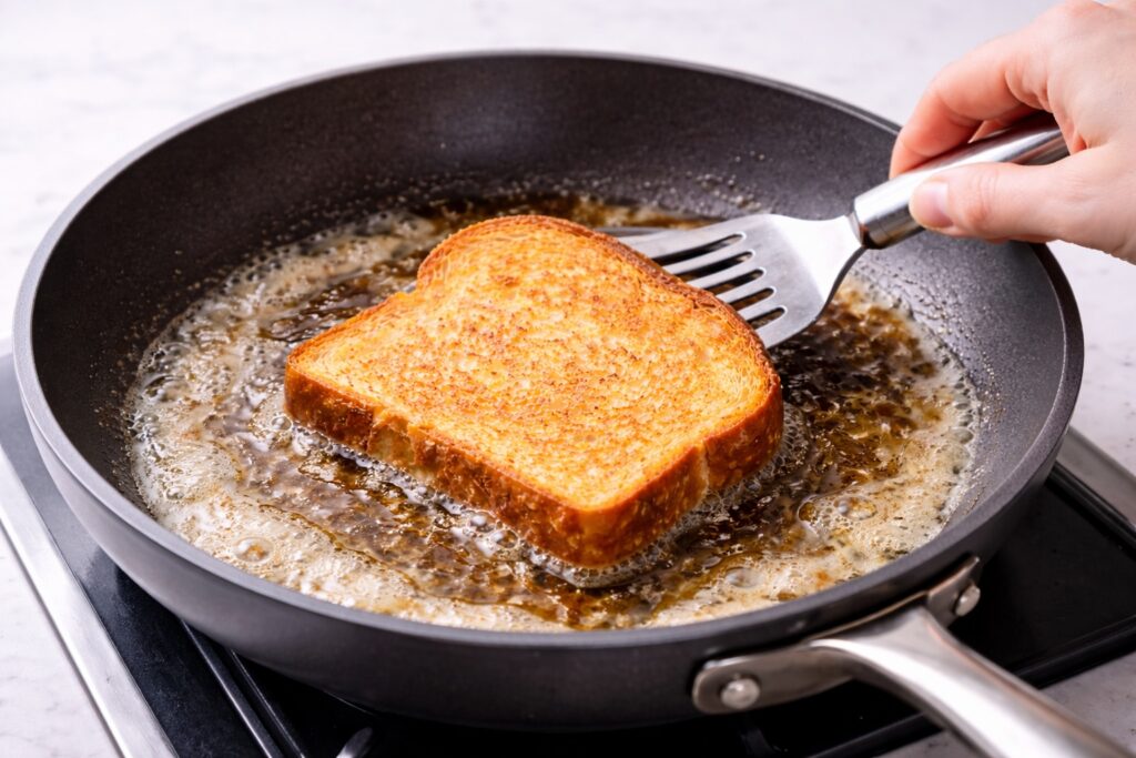 slice of french toast cooking in butter in a skillet