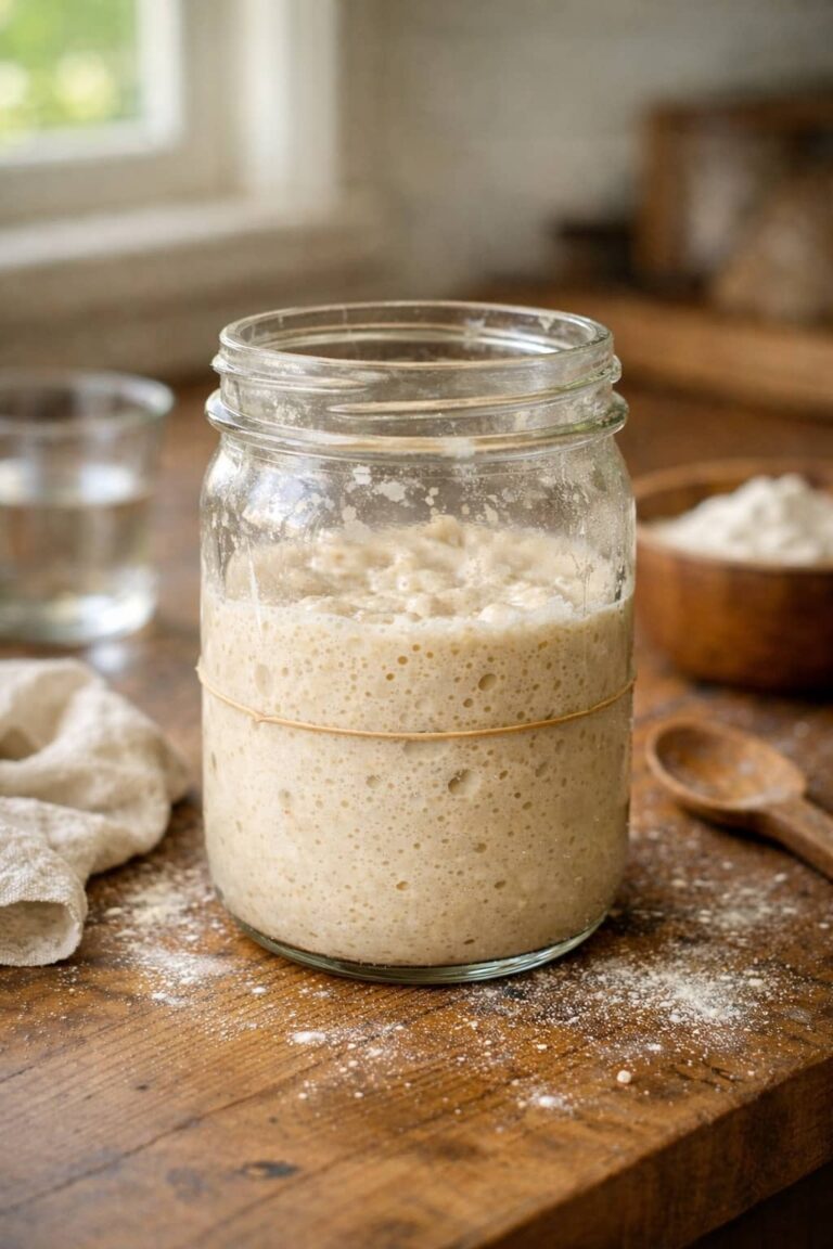 sourdough starter in glass jar with bubbles on wooden kitchen counter