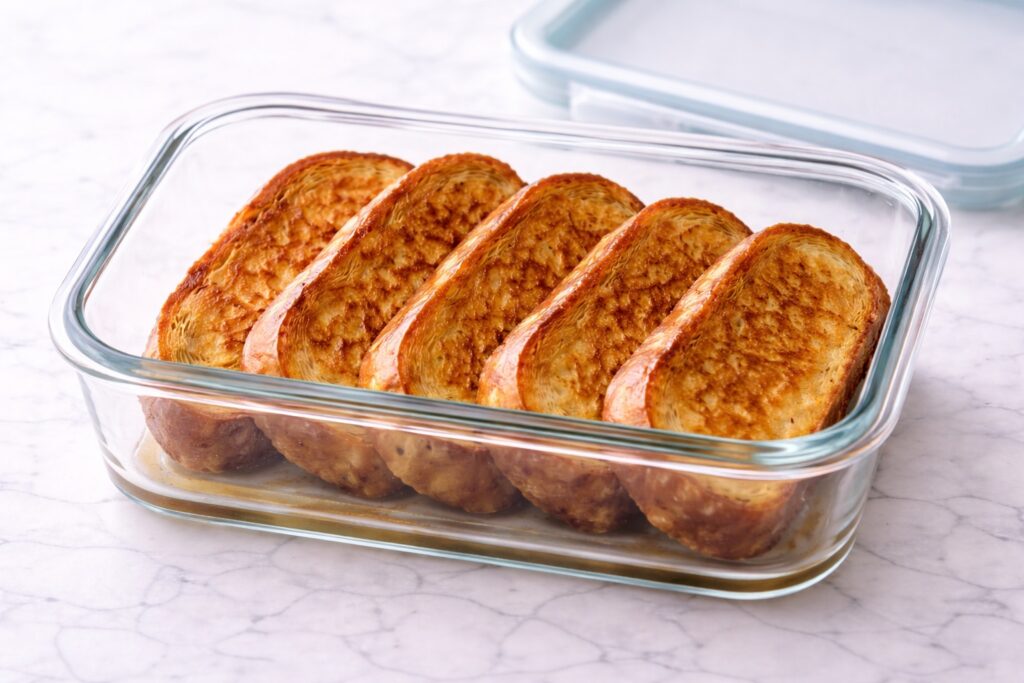 french toast slices stored in a glass container for refrigerator storage