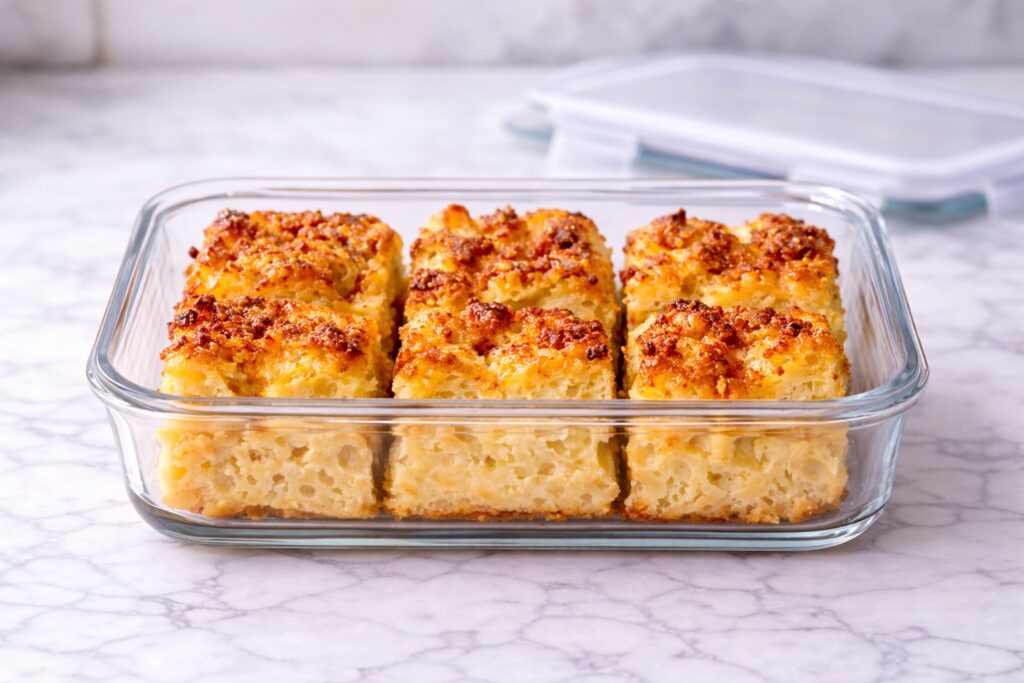 leftover french toast casserole stored in a glass airtight container