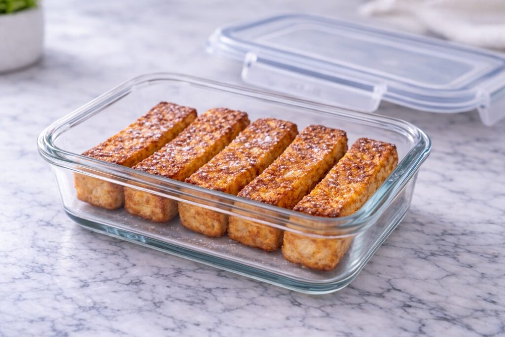 French toast sticks stored in a glass airtight meal prep container