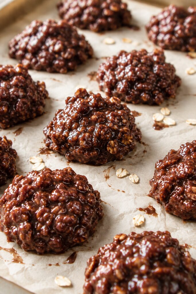 scooped no bake oatmeal cookies on tray