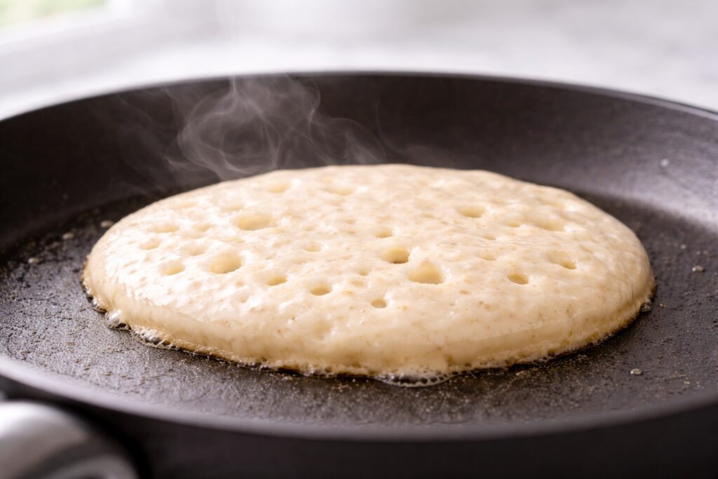 Pancake cooking with bubbles forming and edges set ready to flip