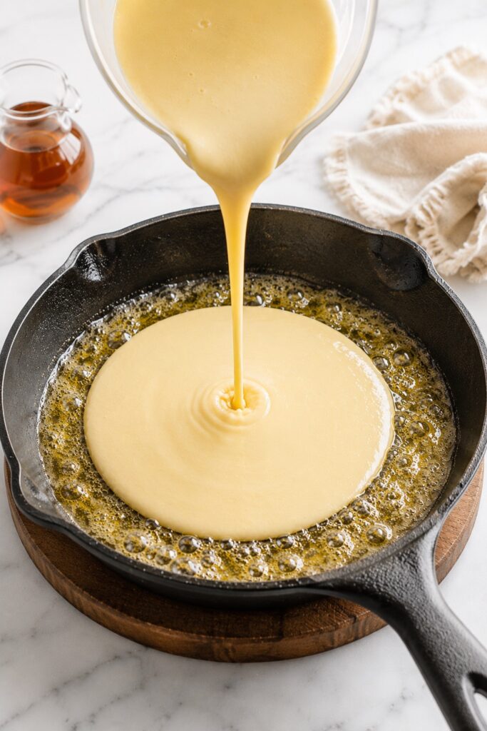Pouring German Pancakes Batter in the hot skillet