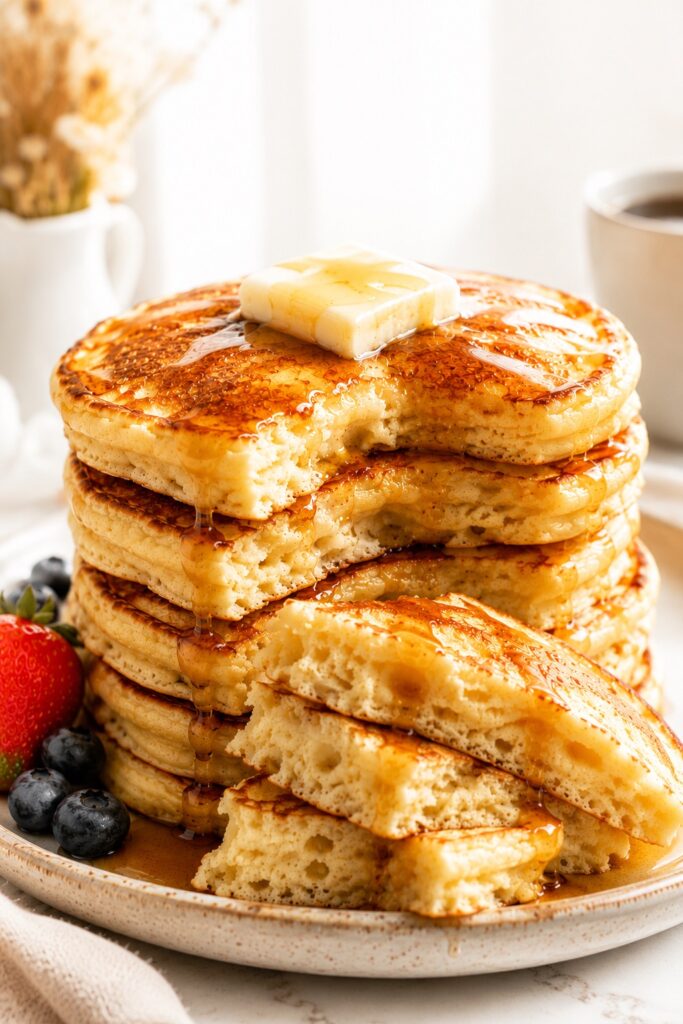 Sourdough Buttermilk Pancakes Soft fluffy sourdough buttermilk pancakes stacked with melting butter and maple syrup in a bright airy kitchen breakfast scene