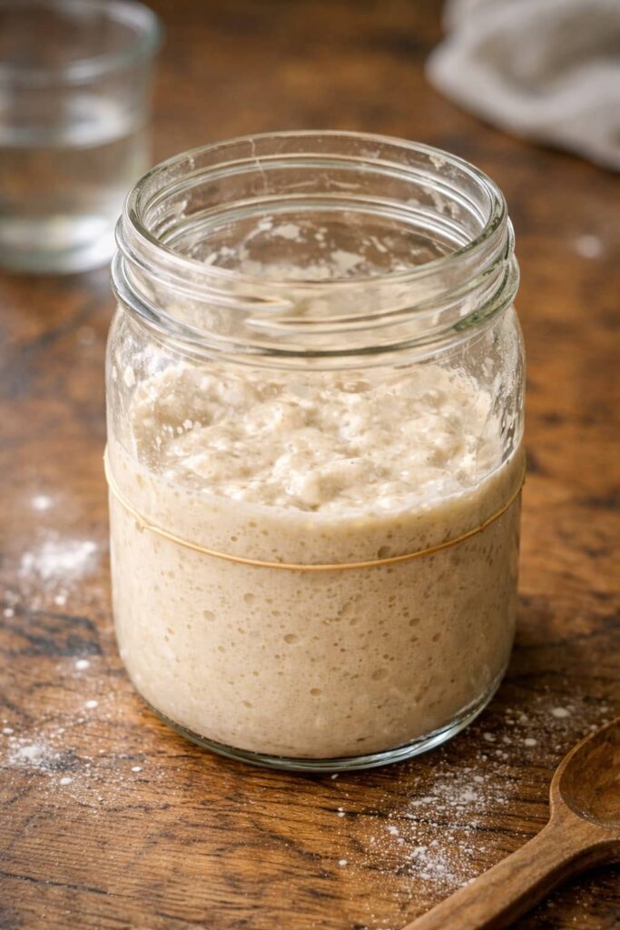 sourdough starter day 1 thick pancake batter texture in glass jar