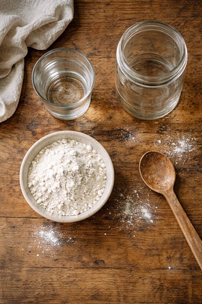 sourdough starter ingredients flour water jar and spoon on wooden table