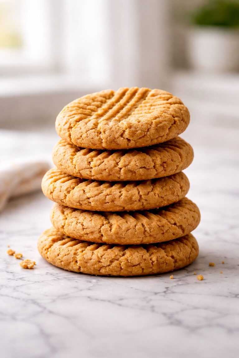 stack of homemade 3 ingredient peanut butter cookies with crisscross fork pattern