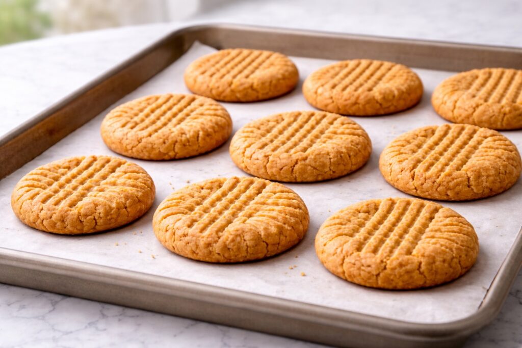 freshly baked peanut butter cookies on baking tray with fork pattern