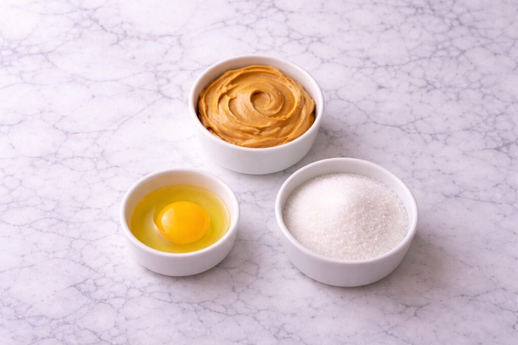 ingredients for 3 ingredient peanut butter cookies including peanut butter sugar and egg
