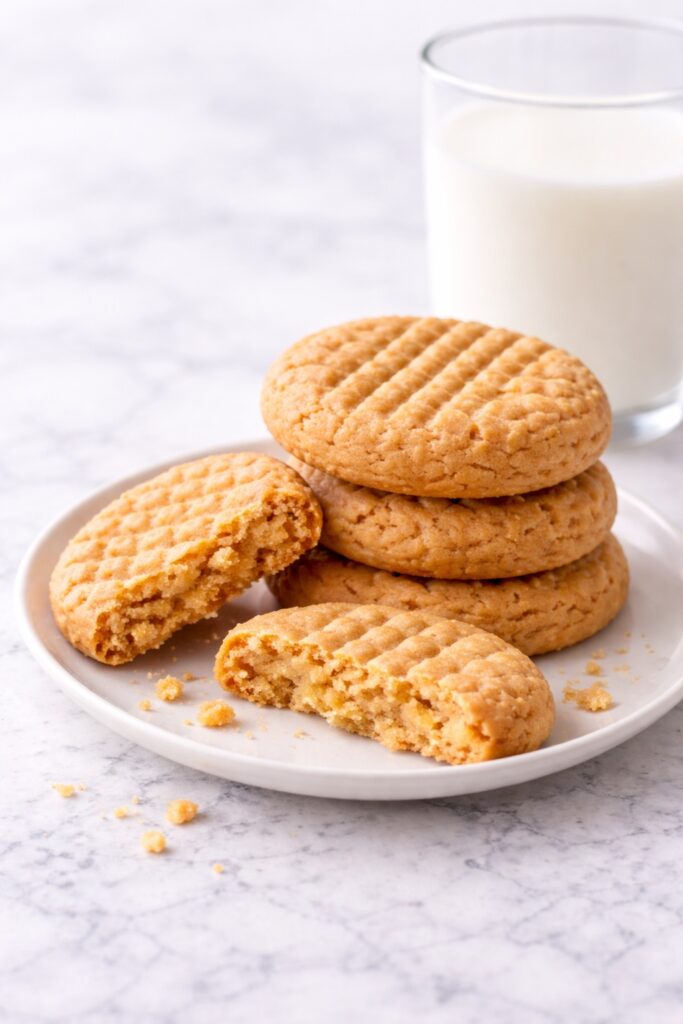 peanut butter cookies served on plate with glass of milk