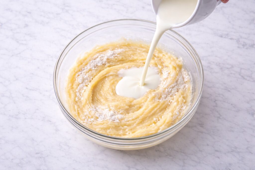Buttermilk being poured into lemon cake batter with flour still visible in a glass mixing bowl
