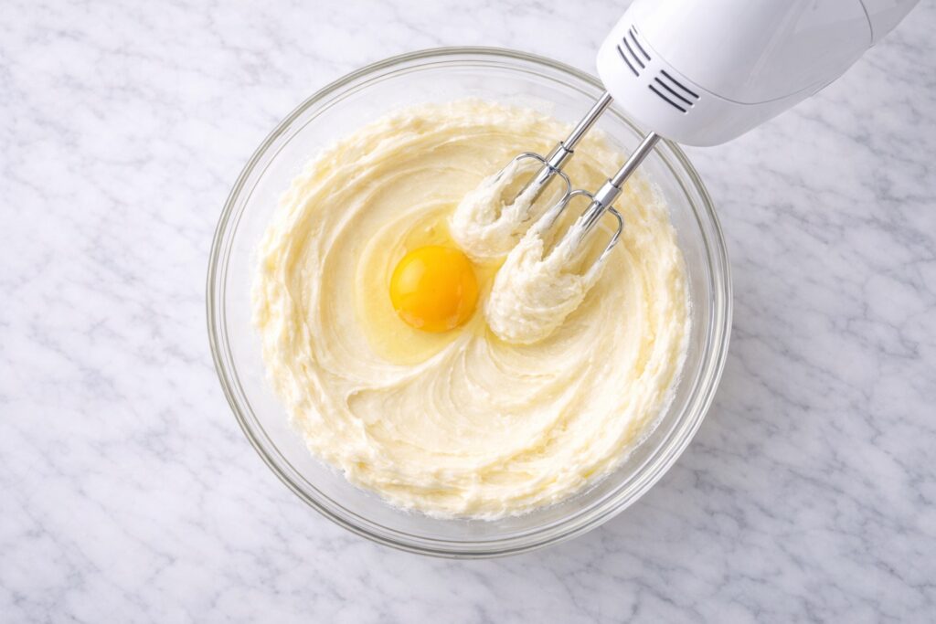 Egg added to creamed butter and sugar mixture in a glass bowl with hand mixer for lemon cake batter