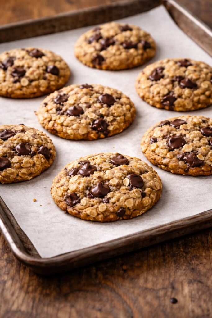 freshly baked oatmeal chocolate chip cookies with soft centers and golden edges on a baking tray