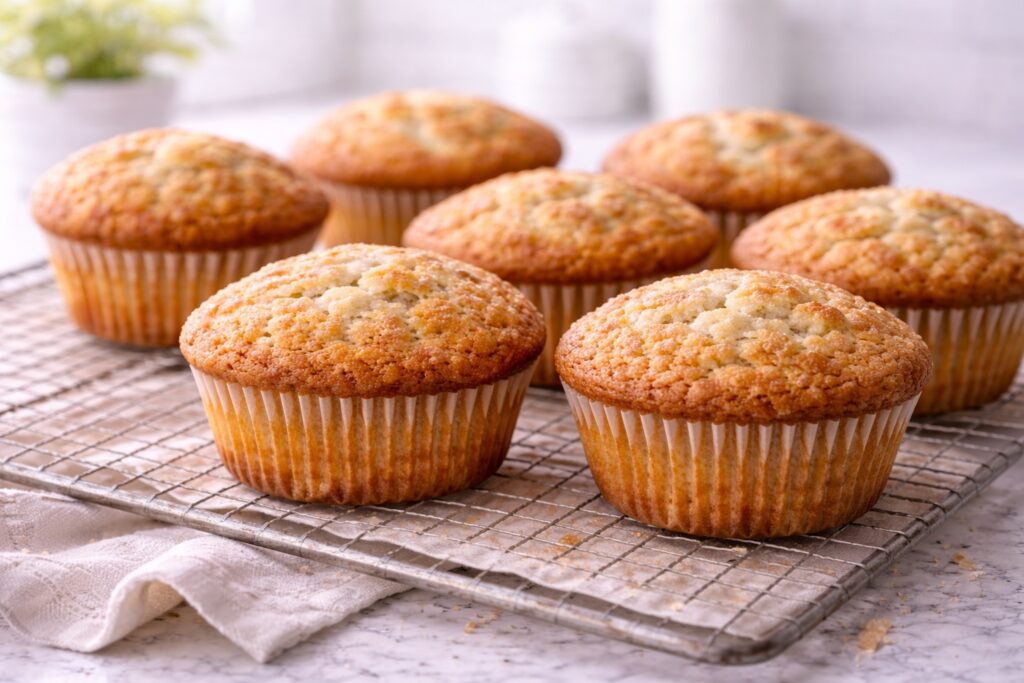 freshly baked banana muffins cooling on rack