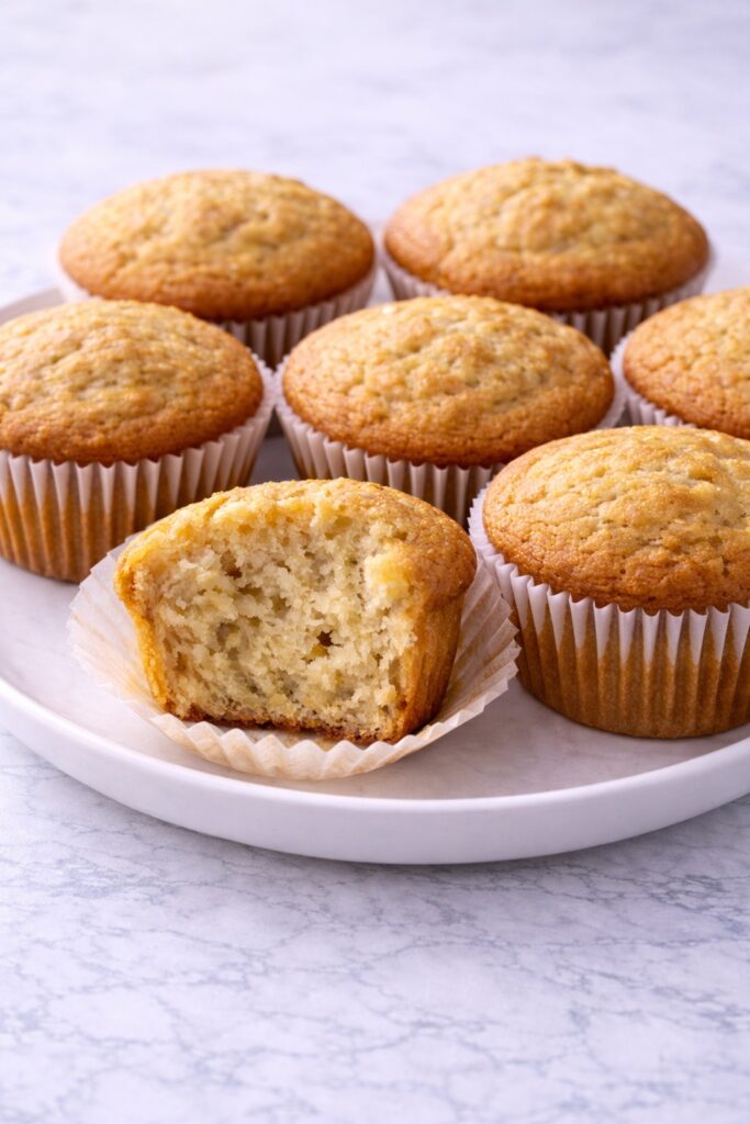 fresh homemade banana muffins served on marble counter