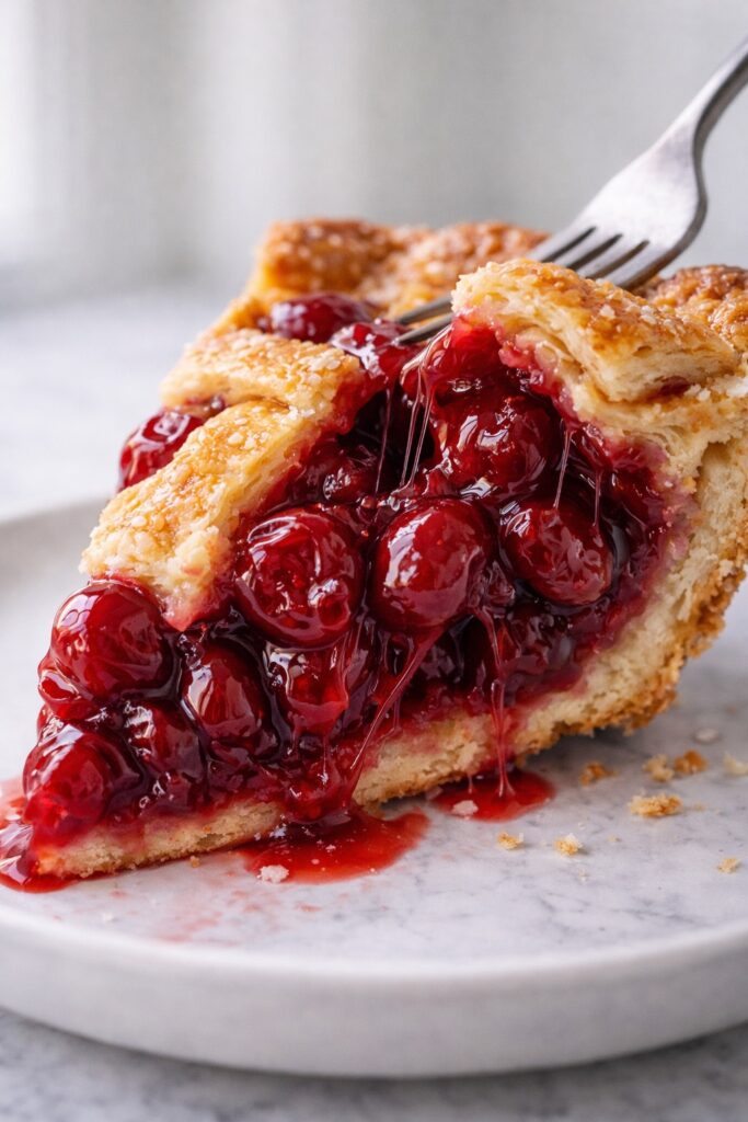 Cherry pie slice breaking apart with fork revealing thick glossy cherry filling and flaky golden crust layers