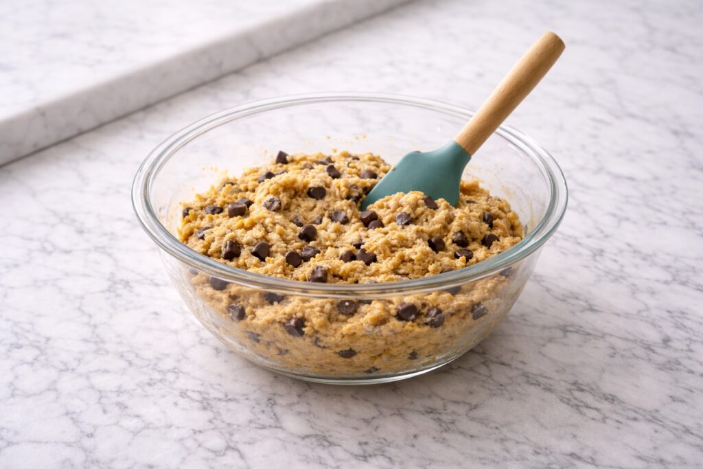 Mixing brown butter chocolate chip cookie dough with visible chocolate chips