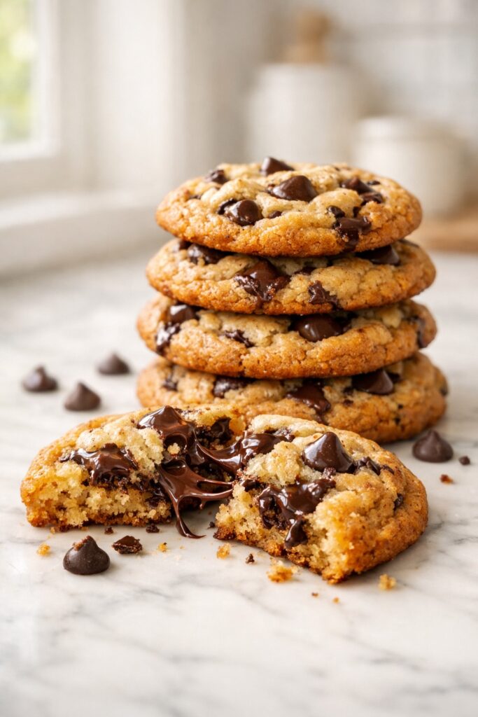 Brown butter chocolate chip cookies with deep golden caramelized edges and melted chocolate chips