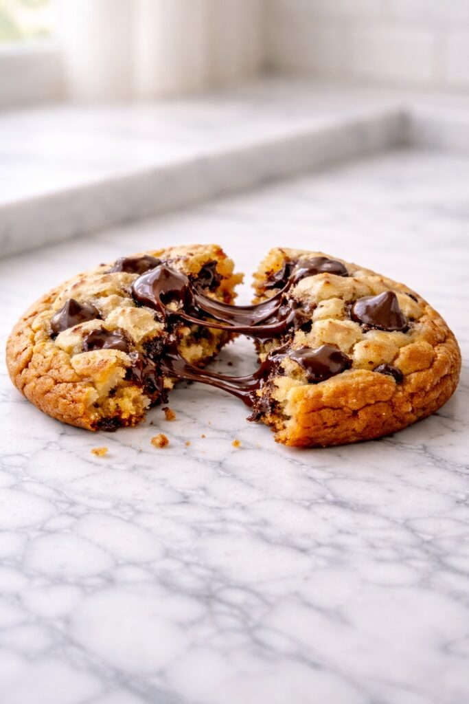 Broken brown butter chocolate chip cookie showing soft chewy interior and melted chocolate