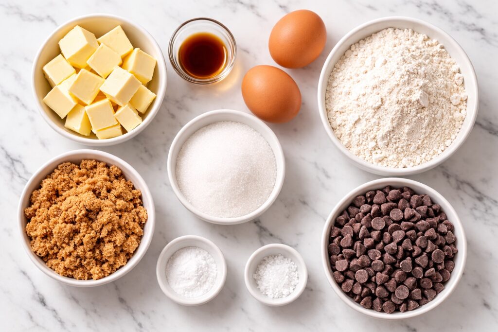 Ingredients for brown butter chocolate chip cookies including flour butter sugar eggs and chocolate chips